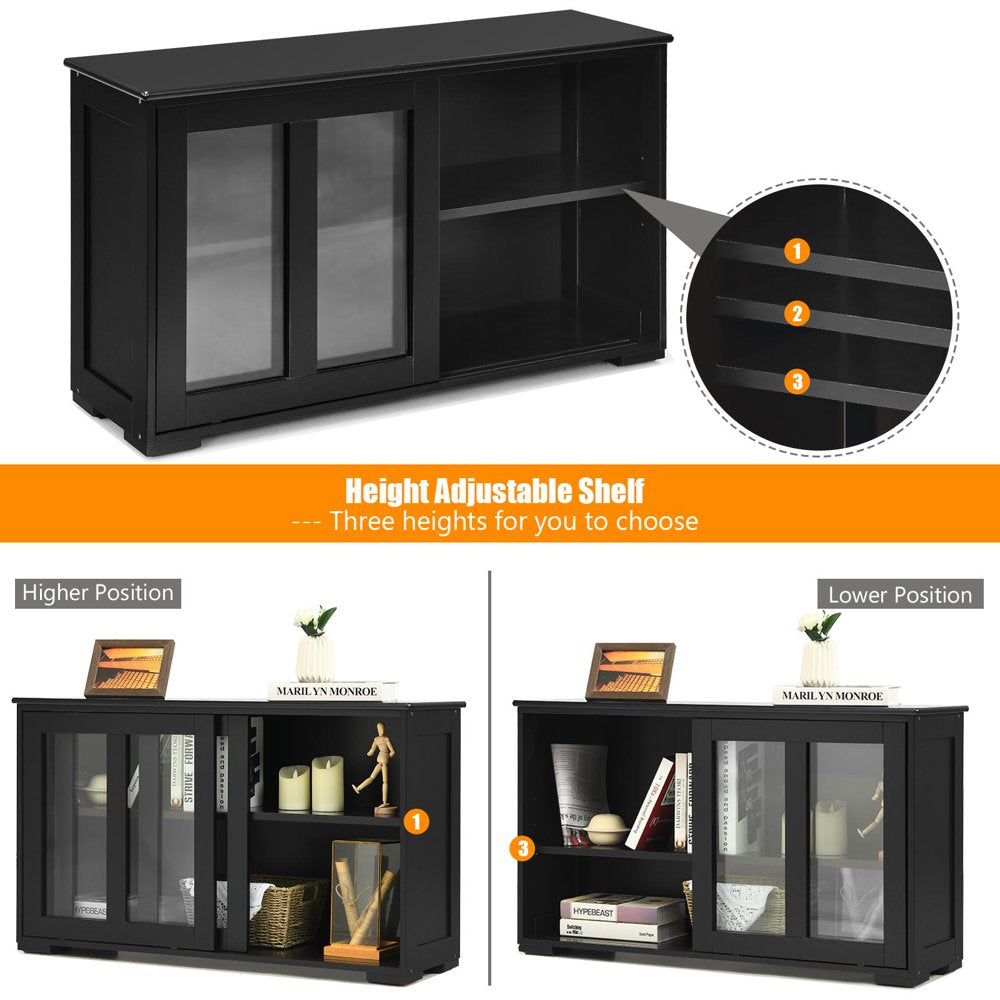 Black Stackable Storage Cabinet with Sliding Tempered Glass Doors 
