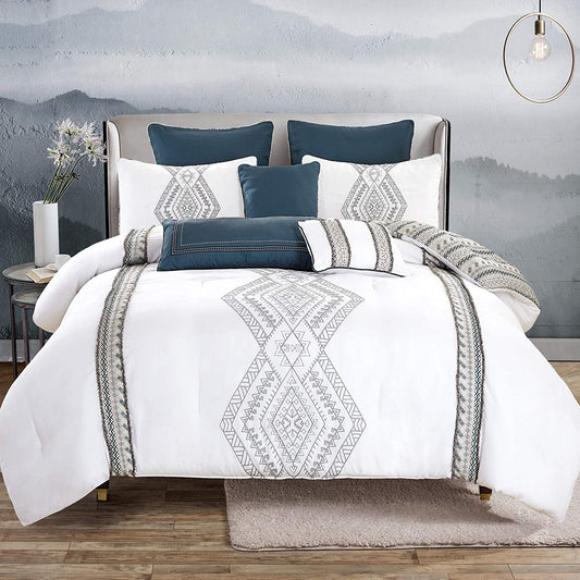 8 Piece Comforter Bedding with Pillow Shams and Cushions - Elegant Pattern in White, Gray (21862, King/California King)