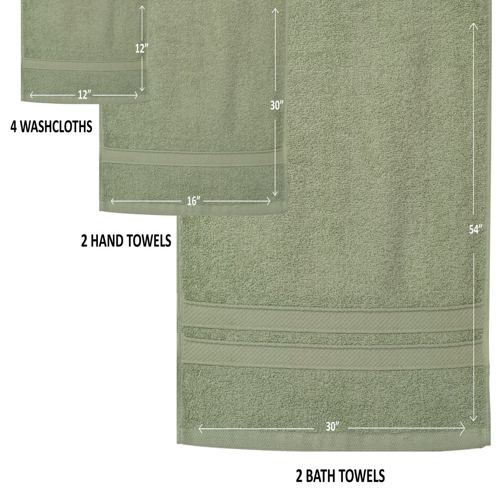 Green 8 Pack Towel Set - 2 Bathroom Towels, 2 Hand Towels, 4 Wash Cloths Bathroom Set - Plush & Absorbent 100% Ring Spun Cotton Bath Set