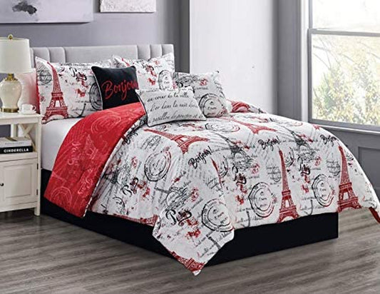 Queen Size 7Pc Comforter Bed in a Bag Set, French Paris Bed Cover with Eiffel Tower Print.