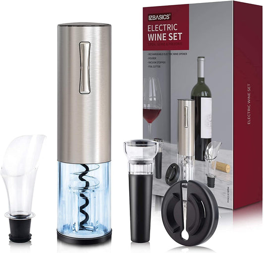  Silver Electric Wine Opener Set with Foil Cutter Vacuum Stopper and Wine Aerator Pourer 