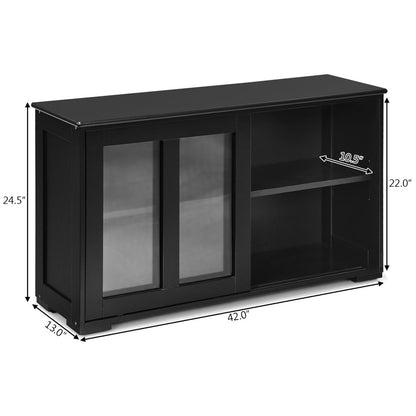 Black Stackable Storage Cabinet with Sliding Tempered Glass Doors 