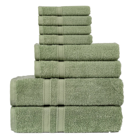Green 8 Pack Towel Set - 2 Bathroom Towels, 2 Hand Towels, 4 Wash Cloths Bathroom Set - Plush & Absorbent 100% Ring Spun Cotton Bath Set