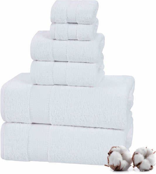 6 Pcs Luxury Bath Towels Set (2 Bath Towels, 2 Hand Towels, 2 Washcloths)- White