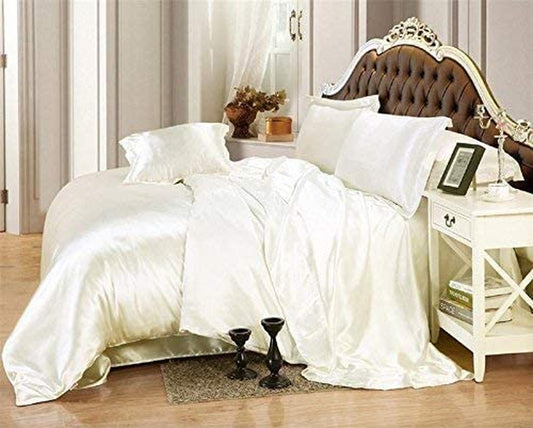 Ivory Queen Bed Sheet Set - Ultra Soft Easy Silky Satin 4 Piece Bed Sheet Set with 15" Deep Pocket - Wrinkle Resistant 